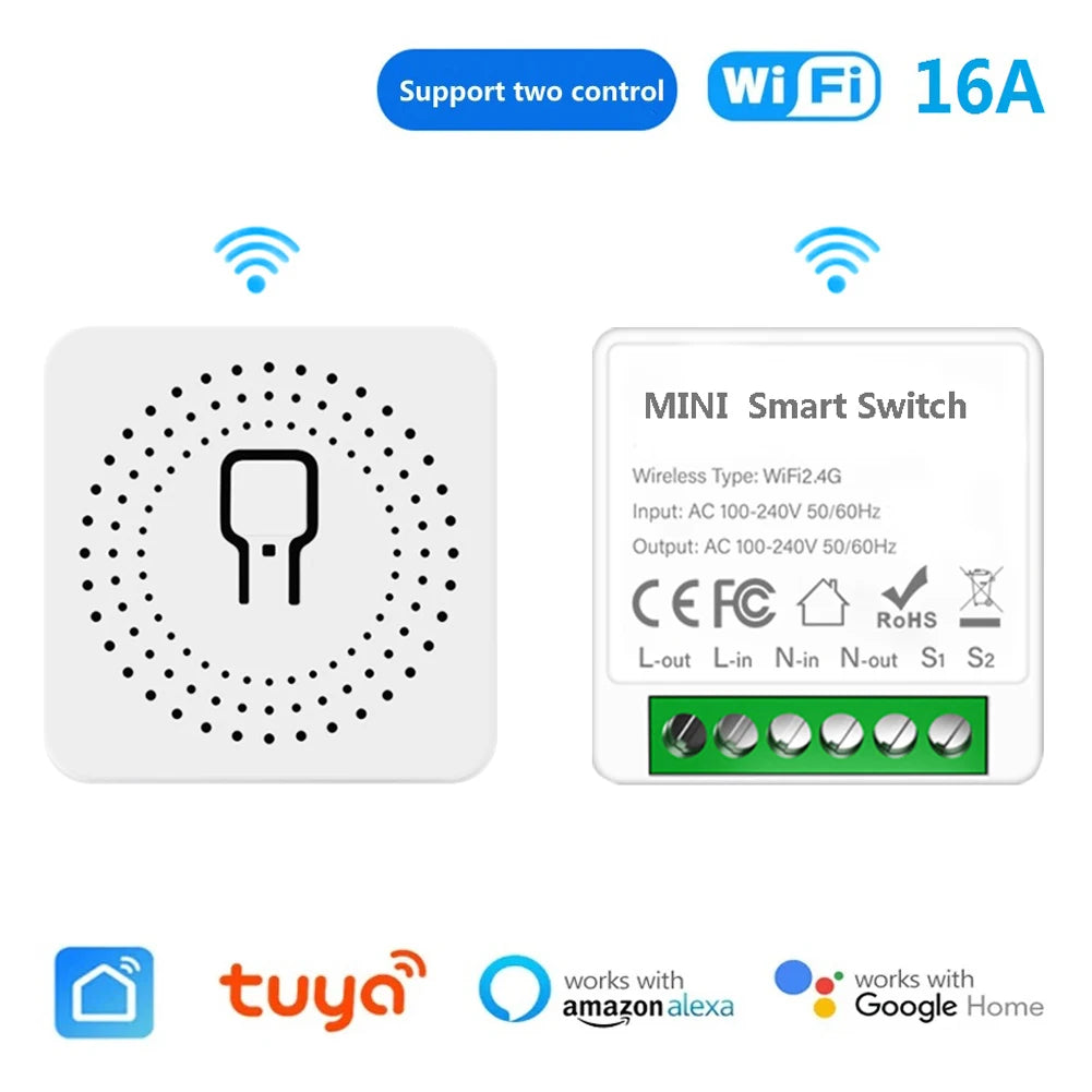 Tuya WiFi Smart Switch 16A Module 2-way Control Mini Switch Breaker Smart Life Work With Alexa Google Alice