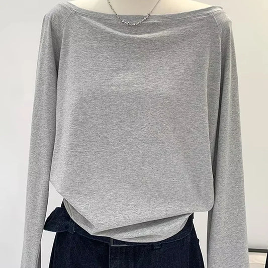 Autumn Winter One Shoulder Cotton Long Sleeve Slant Shoulder Women's Clothing Style Interior Wide Truffle Shoulder Base Shirt