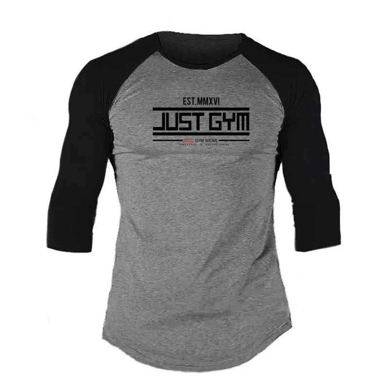 Men Slim Fit Sport Casual Sport T-shirts Gym Fitness Muscle Three Quarter Shirts Autumn Breathable Cotton Bodybuilding Clothing