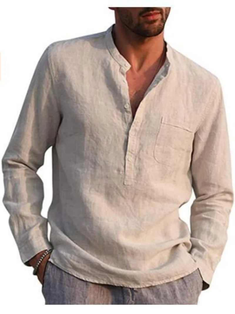 Men's Linen Long Sleeve Shirt - Stand Collar, Button-Front, Single Chest Pocket Casual Tops for Spring Summer