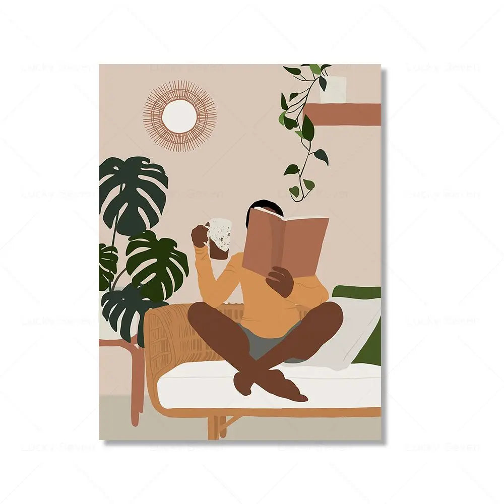 Wall Art Canvas Painting Fashion Black Girl African Woman Reading Posters Coffee Prints Home Wall Picture Living Room Decorat