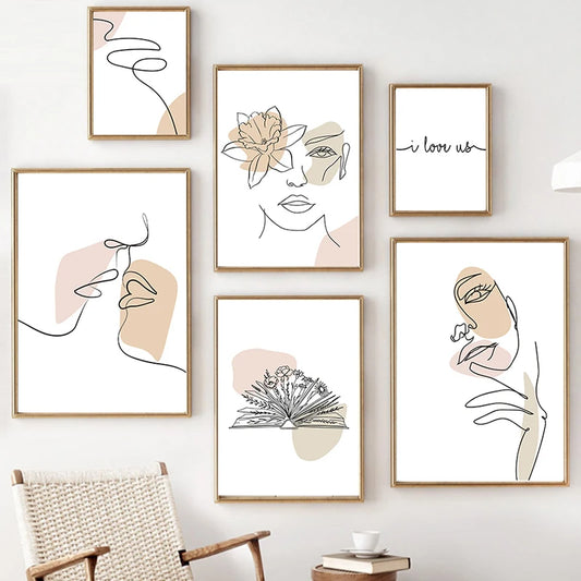 Wall Art Canvas Painting Line Girl Face Flowers Modern Minimalist Nordic Posters and Prints Wall Pictures for Living Room Decor