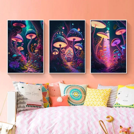 Canvas Painting Colored Wall Art Abstract Psychedelic Mushrooms Enchanted Forest Poster For Living Room Home Decor Cuadros