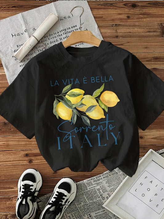 100% Cotton Loose Graphic Lemon Print T-Shirt Short Sleeve Crew Neck Casual Top for Summer Spring Women'S Clothing