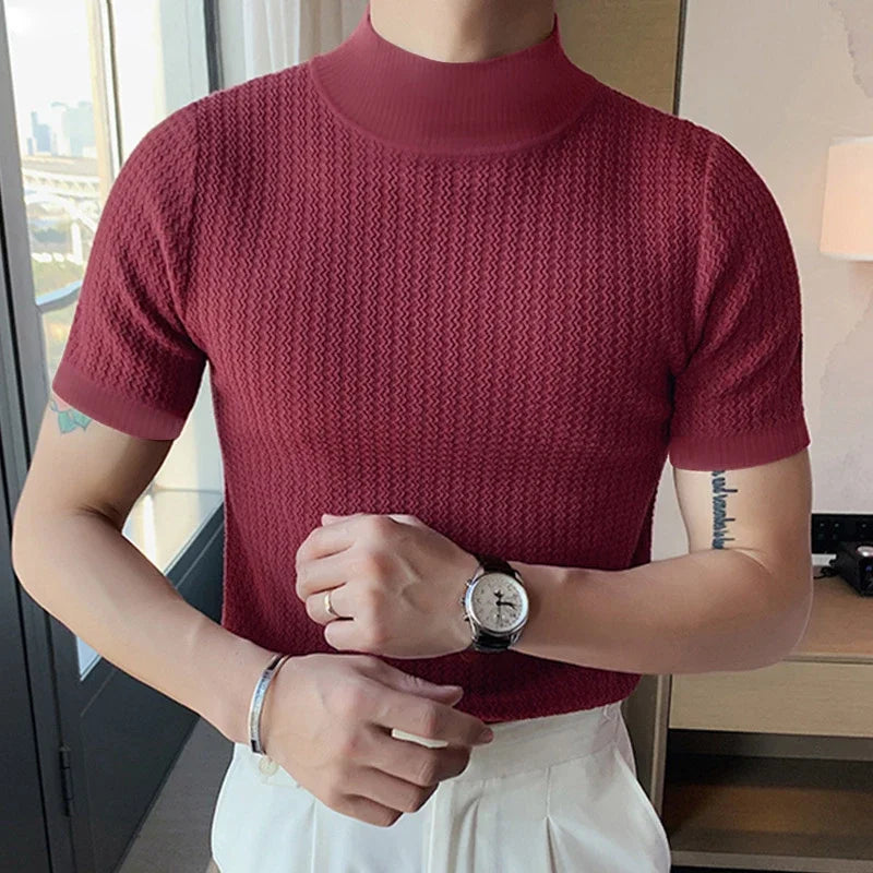 2024 Slim Fit Knitted T-shirt for Men Solid Turtleneck Casual Shirts Men's Short Sleeve Knit Sweater Bottoming Tops Streetwear