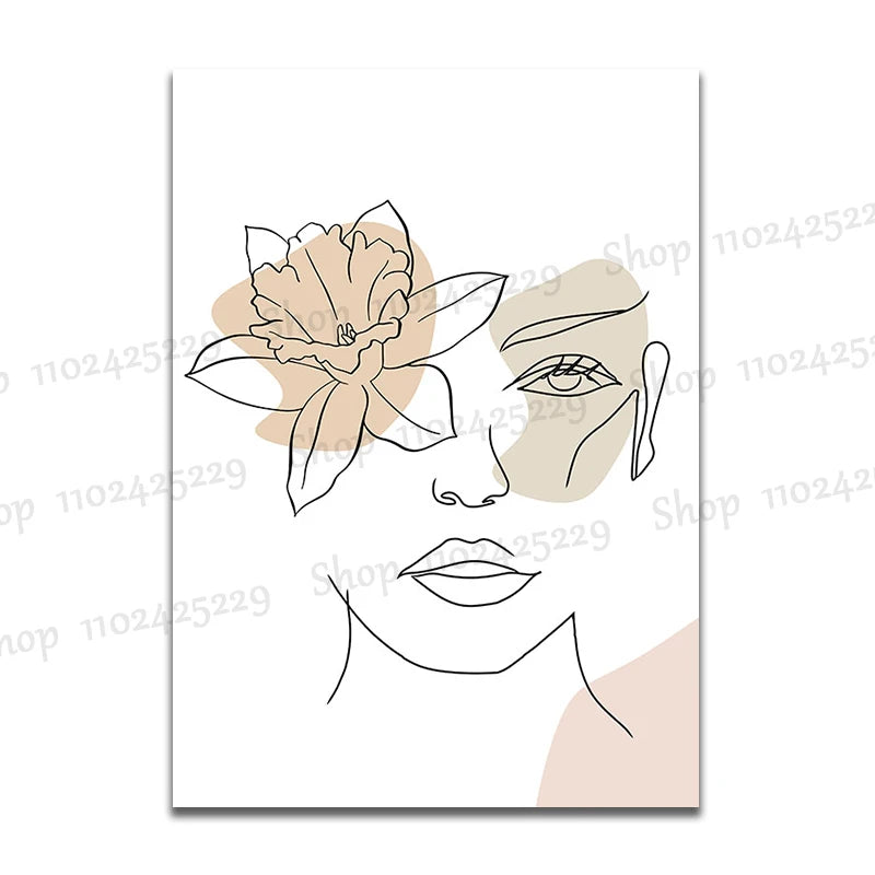 Wall Art Canvas Painting Line Girl Face Flowers Modern Minimalist Nordic Posters and Prints Wall Pictures for Living Room Decor