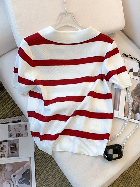 2026 New Striped Pattern Collared Sweater Versatile Short Sleeve Knitted Top For Spring & Summer Women's Clothing Crop Top