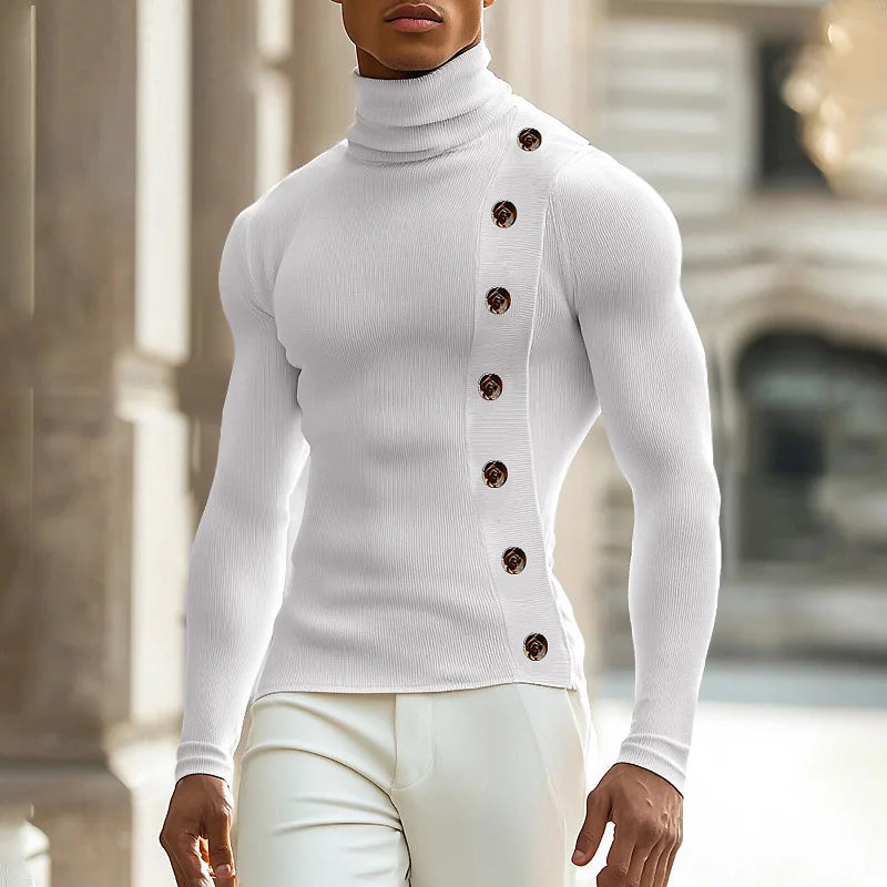 Stretch Slim Fit Bottoming T Shirts Mens Spring Trendy Irregular Button Design T-shirts Fashion Solid Color Men Turtleneck Tees