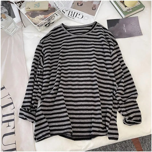 Korean Loose Long Sleeve Striped T-shirt Women's Clothing Spring Autumn Casual Fashionable Round Neck Pullovers Tops for Female
