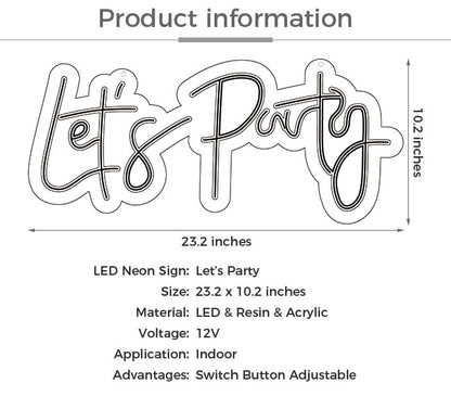 LED Neon Light Sign Lets Party Light Signs For Birthday Single Cocktail Dance Holiday Party Wall Decoration 23X10in Custom Made