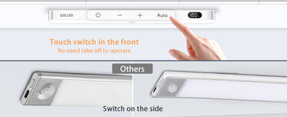 WILLED  Motion Sensor Cabinet Light Battery Display 60 LED Touch Light Bar Wireless Rechargeable Battery Night Light