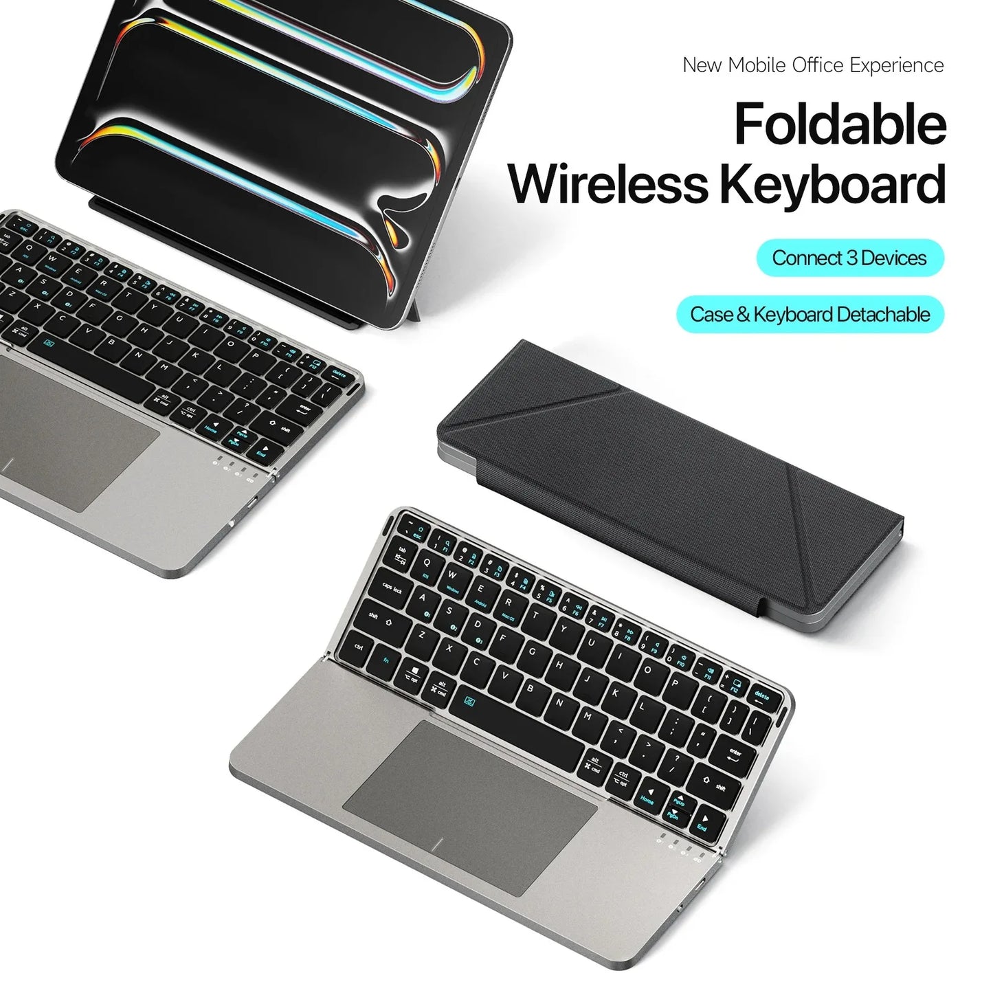 Foldable Bluetooth Keyboard with Touchpad & Phone Holder, Bluetooth 5.0 Multifunctional Wireless Keyboard for Phone Tablet PC