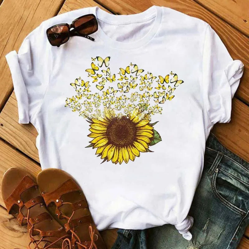 Maycaur Women's T-shirt Casual Kawaii Sunflower Butterfly Pattern Print Tshirt Comfortable Casual Women's Clothing Black Top