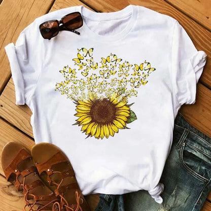 Maycaur Women's T-shirt Casual Kawaii Sunflower Butterfly Pattern Print Tshirt Comfortable Casual Women's Clothing Black Top