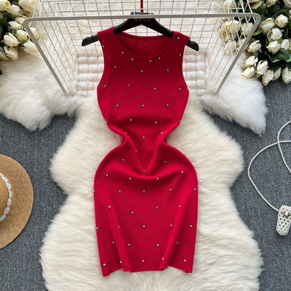 Summer Elegant O-Neck Women Sleeveless Empire Diamonds Lace Dress Red Black Yellow