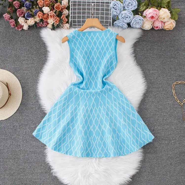 European and American Sweet Waist Knitted Square Neck A-line Tank Top Mini Dress