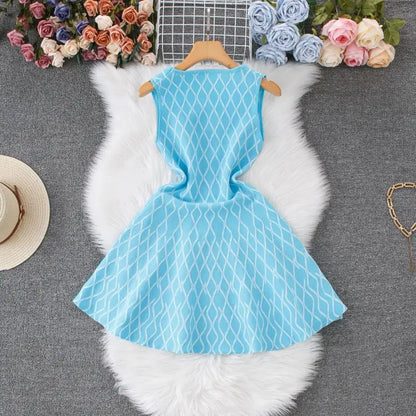 European and American Sweet Waist Knitted Square Neck A-line Tank Top Mini Dress