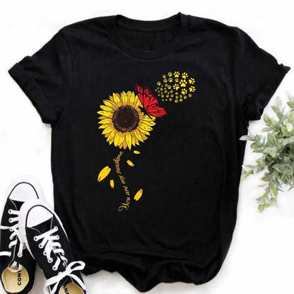 Maycaur Women's T-shirt Casual Kawaii Sunflower Butterfly Pattern Print Tshirt Comfortable Casual Women's Clothing Black Top
