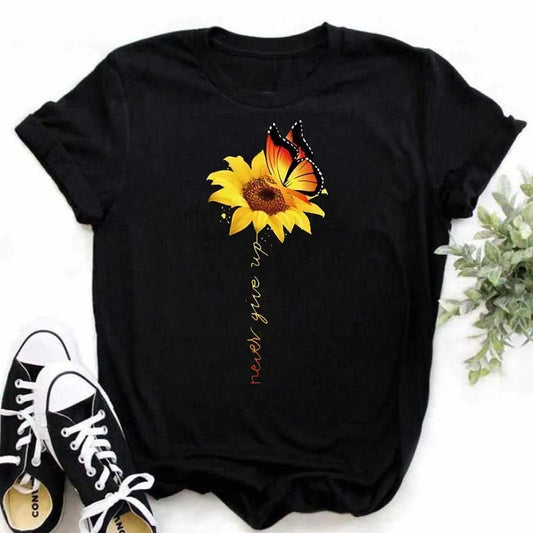 Maycaur Women's T-shirt Casual Kawaii Sunflower Butterfly Pattern Print Tshirt Comfortable Casual Women's Clothing Black Top