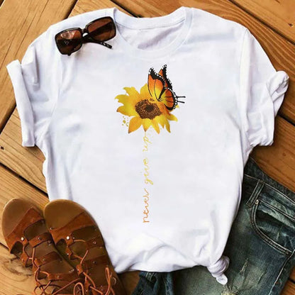 Maycaur Women's T-shirt Casual Kawaii Sunflower Butterfly Pattern Print Tshirt Comfortable Casual Women's Clothing Black Top