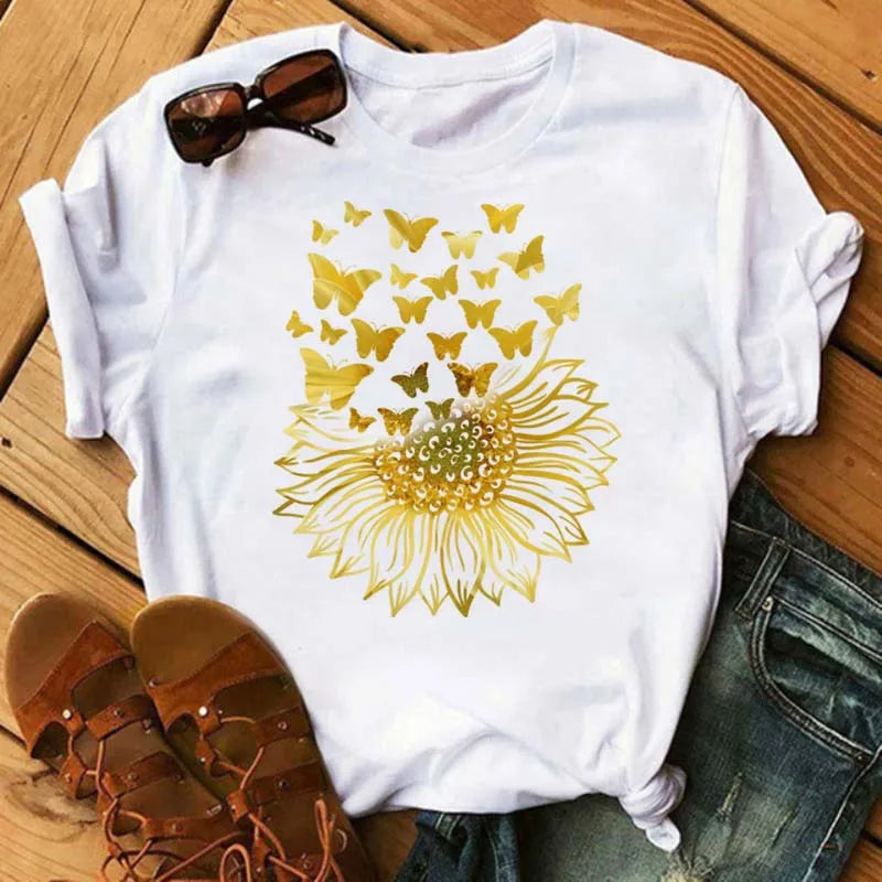 Maycaur Women's T-shirt Casual Kawaii Sunflower Butterfly Pattern Print Tshirt Comfortable Casual Women's Clothing Black Top