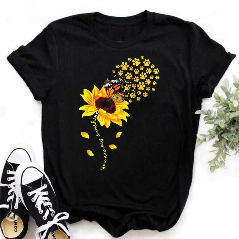 Maycaur Women's T-shirt Casual Kawaii Sunflower Butterfly Pattern Print Tshirt Comfortable Casual Women's Clothing Black Top