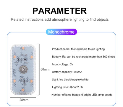 LED Touch Light Mini Wireless Car Interior Lighting Auto Roof Ceiling Reading Lamp for Door Foot Trunk Storage Box USB Charging