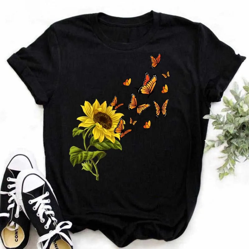 Maycaur Women's T-shirt Casual Kawaii Sunflower Butterfly Pattern Print Tshirt Comfortable Casual Women's Clothing Black Top