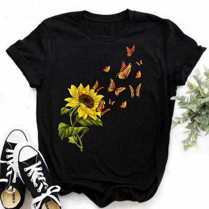 Maycaur Women's T-shirt Casual Kawaii Sunflower Butterfly Pattern Print Tshirt Comfortable Casual Women's Clothing Black Top