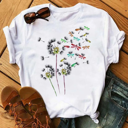 Maycaur Women's T-shirt Casual Kawaii Sunflower Butterfly Pattern Print Tshirt Comfortable Casual Women's Clothing Black Top