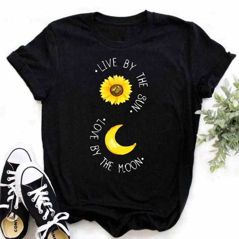 Maycaur Women's T-shirt Casual Kawaii Sunflower Butterfly Pattern Print Tshirt Comfortable Casual Women's Clothing Black Top
