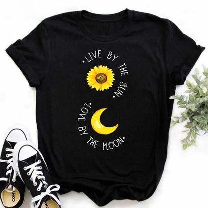 Maycaur Women's T-shirt Casual Kawaii Sunflower Butterfly Pattern Print Tshirt Comfortable Casual Women's Clothing Black Top