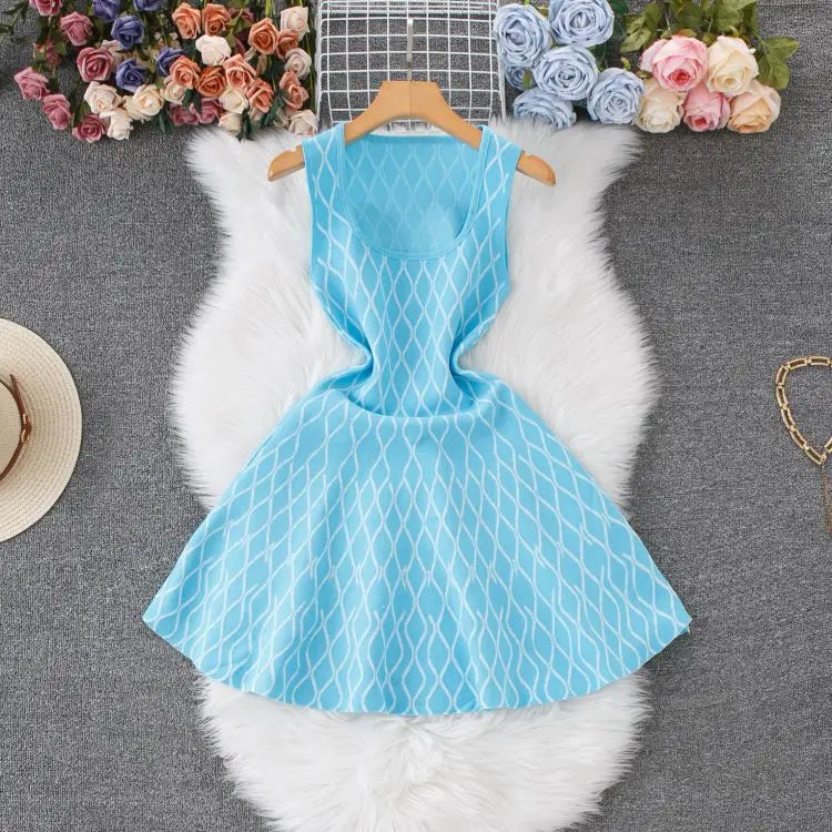 European and American Sweet Waist Knitted Square Neck A-line Tank Top Mini Dress