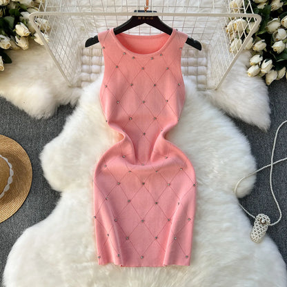 Summer Elegant O-Neck Women Sleeveless Empire Diamonds Lace Dress Red Black Yellow