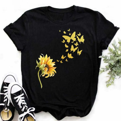 Maycaur Women's T-shirt Casual Kawaii Sunflower Butterfly Pattern Print Tshirt Comfortable Casual Women's Clothing Black Top