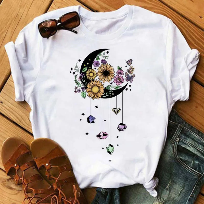 Maycaur Women's T-shirt Casual Kawaii Sunflower Butterfly Pattern Print Tshirt Comfortable Casual Women's Clothing Black Top
