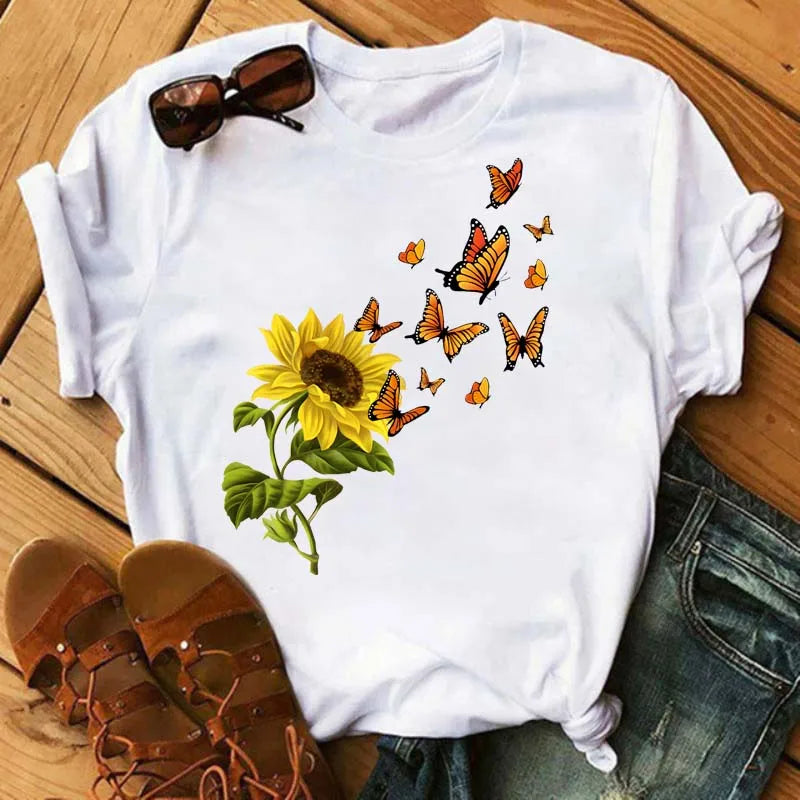 Maycaur Women's T-shirt Casual Kawaii Sunflower Butterfly Pattern Print Tshirt Comfortable Casual Women's Clothing Black Top