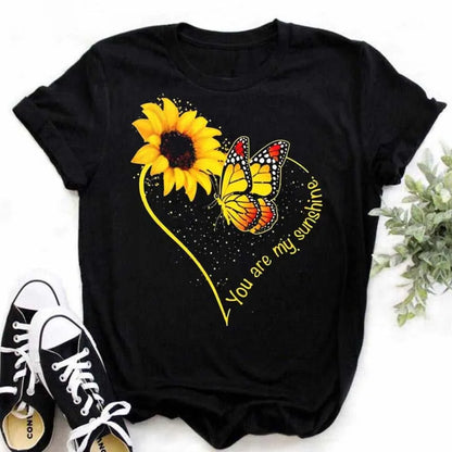 Maycaur Women's T-shirt Casual Kawaii Sunflower Butterfly Pattern Print Tshirt Comfortable Casual Women's Clothing Black Top