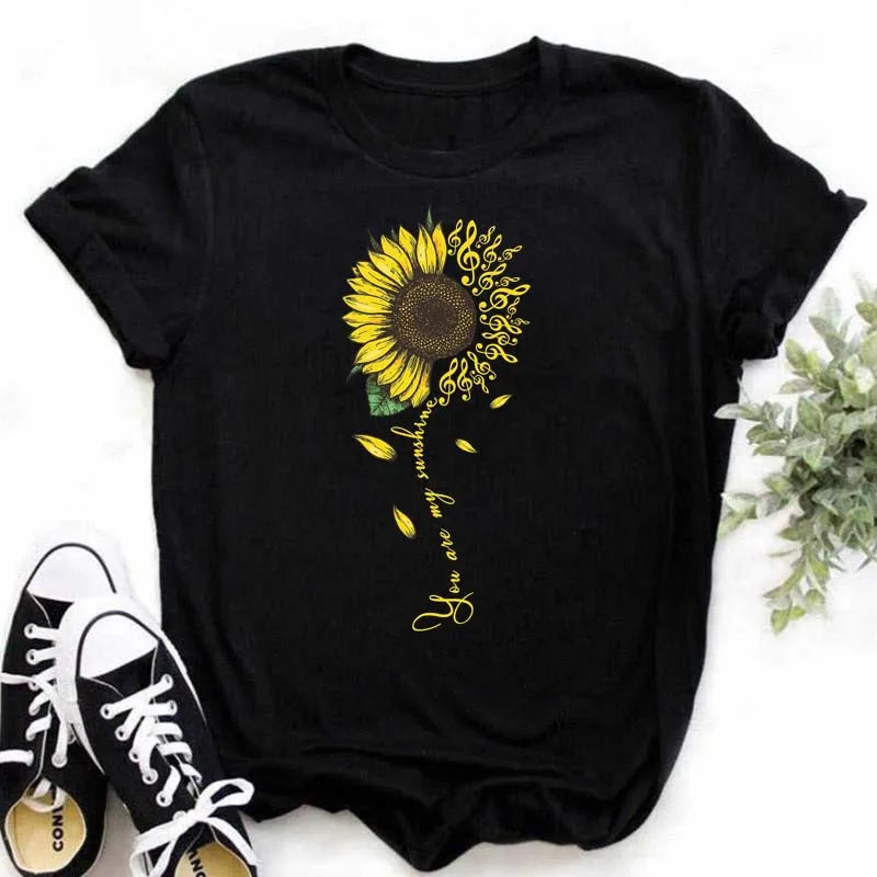 Maycaur Women's T-shirt Casual Kawaii Sunflower Butterfly Pattern Print Tshirt Comfortable Casual Women's Clothing Black Top