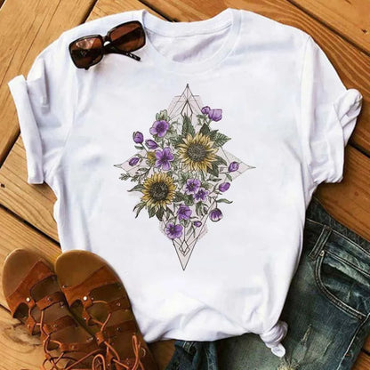 Maycaur Women's T-shirt Casual Kawaii Sunflower Butterfly Pattern Print Tshirt Comfortable Casual Women's Clothing Black Top