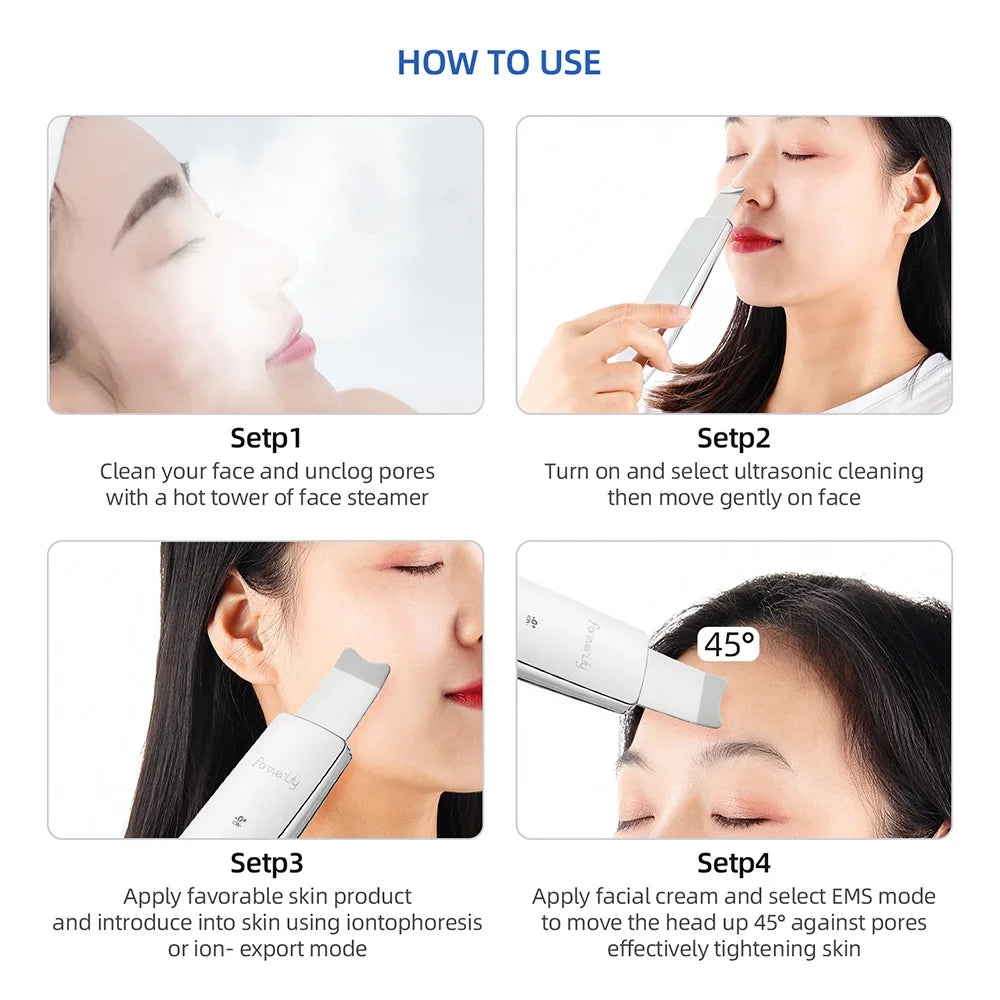 6 in 1 EMS Ultrasonic Skin Scrubber ION LED Photon Skin Lifting Massager Face Spatula Blackhead Remover Facial Deep Cleansing