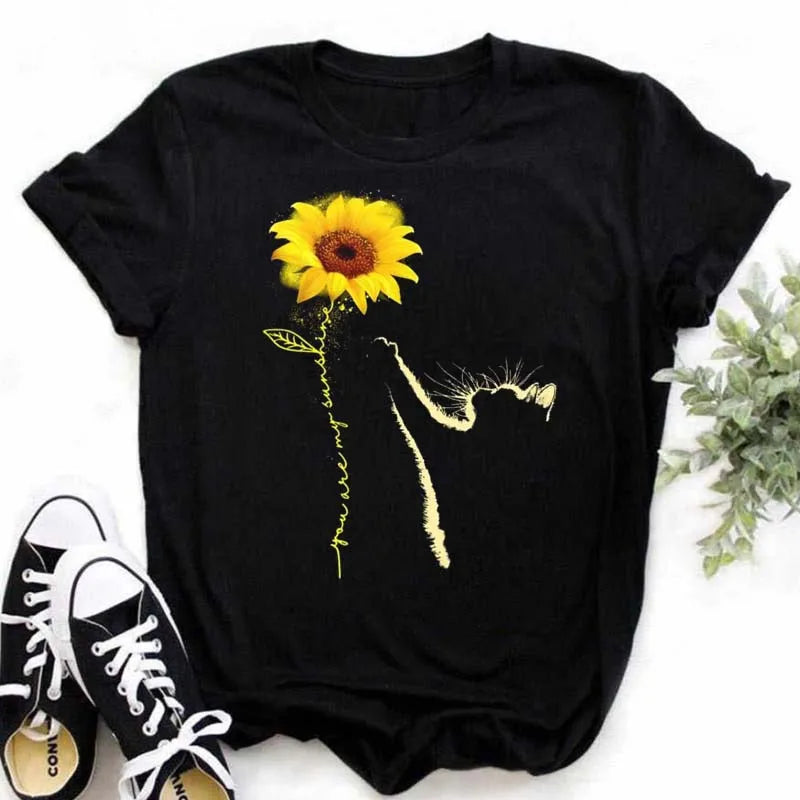 Maycaur Women's T-shirt Casual Kawaii Sunflower Butterfly Pattern Print Tshirt Comfortable Casual Women's Clothing Black Top