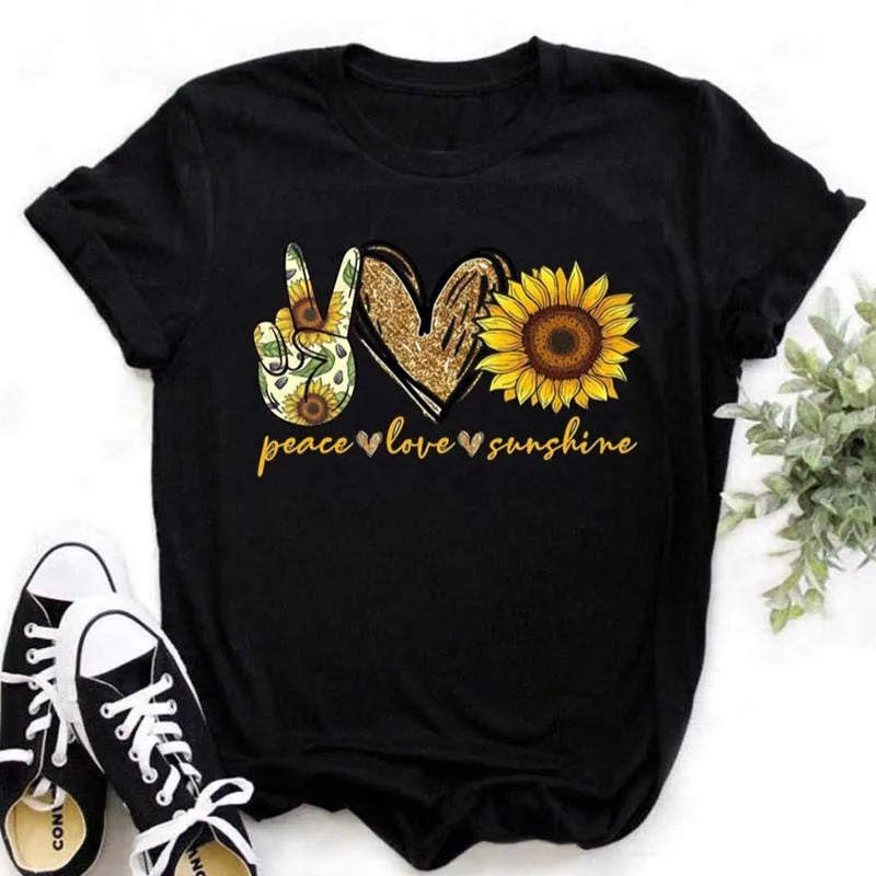 Maycaur Women's T-shirt Casual Kawaii Sunflower Butterfly Pattern Print Tshirt Comfortable Casual Women's Clothing Black Top