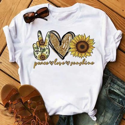 Maycaur Women's T-shirt Casual Kawaii Sunflower Butterfly Pattern Print Tshirt Comfortable Casual Women's Clothing Black Top