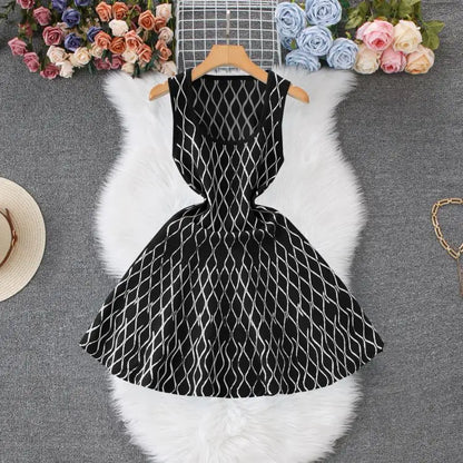 European and American Sweet Waist Knitted Square Neck A-line Tank Top Mini Dress