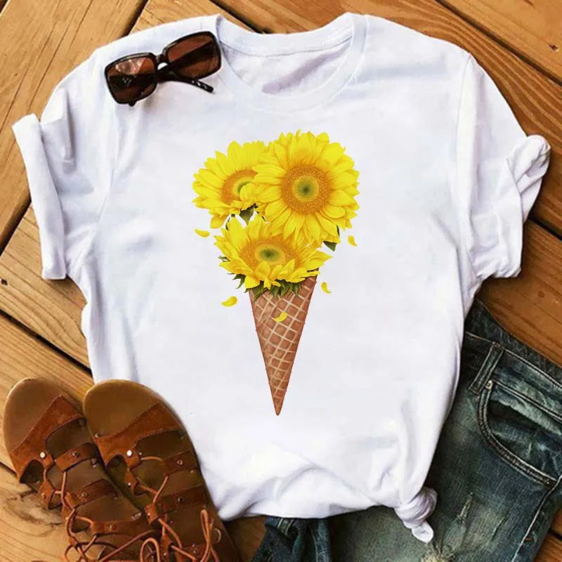 Maycaur Women's T-shirt Casual Kawaii Sunflower Butterfly Pattern Print Tshirt Comfortable Casual Women's Clothing Black Top