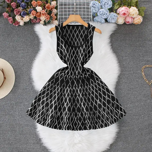European and American Sweet Waist Knitted Square Neck A-line Tank Top Mini Dress