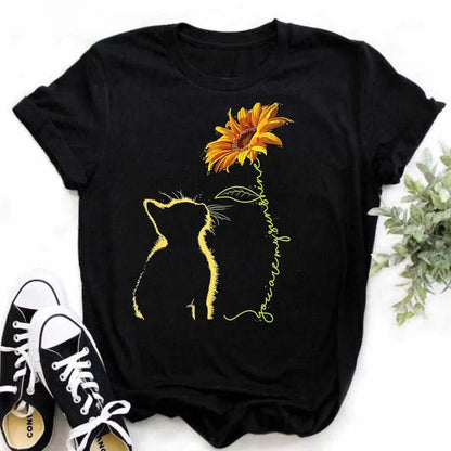 Maycaur Women's T-shirt Casual Kawaii Sunflower Butterfly Pattern Print Tshirt Comfortable Casual Women's Clothing Black Top