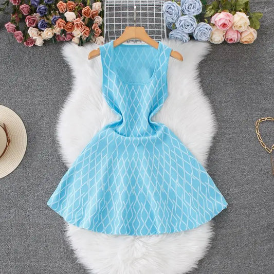 European and American Sweet Waist Knitted Square Neck A-line Tank Top Mini Dress