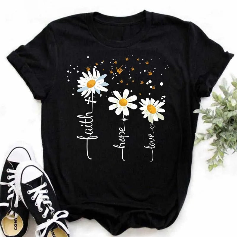 Maycaur Women's T-shirt Casual Kawaii Sunflower Butterfly Pattern Print Tshirt Comfortable Casual Women's Clothing Black Top